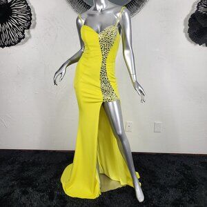 NWT~$640~JOVANI~0~YELLOW RHINESTONE EMBELLISHED SLIT PAGEANT PROM FORMAL DRESS